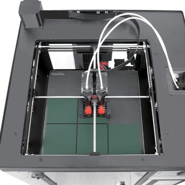 A close-up of the Raise3D Pro3's heated print bed, ready for large-scale manufacturing projects